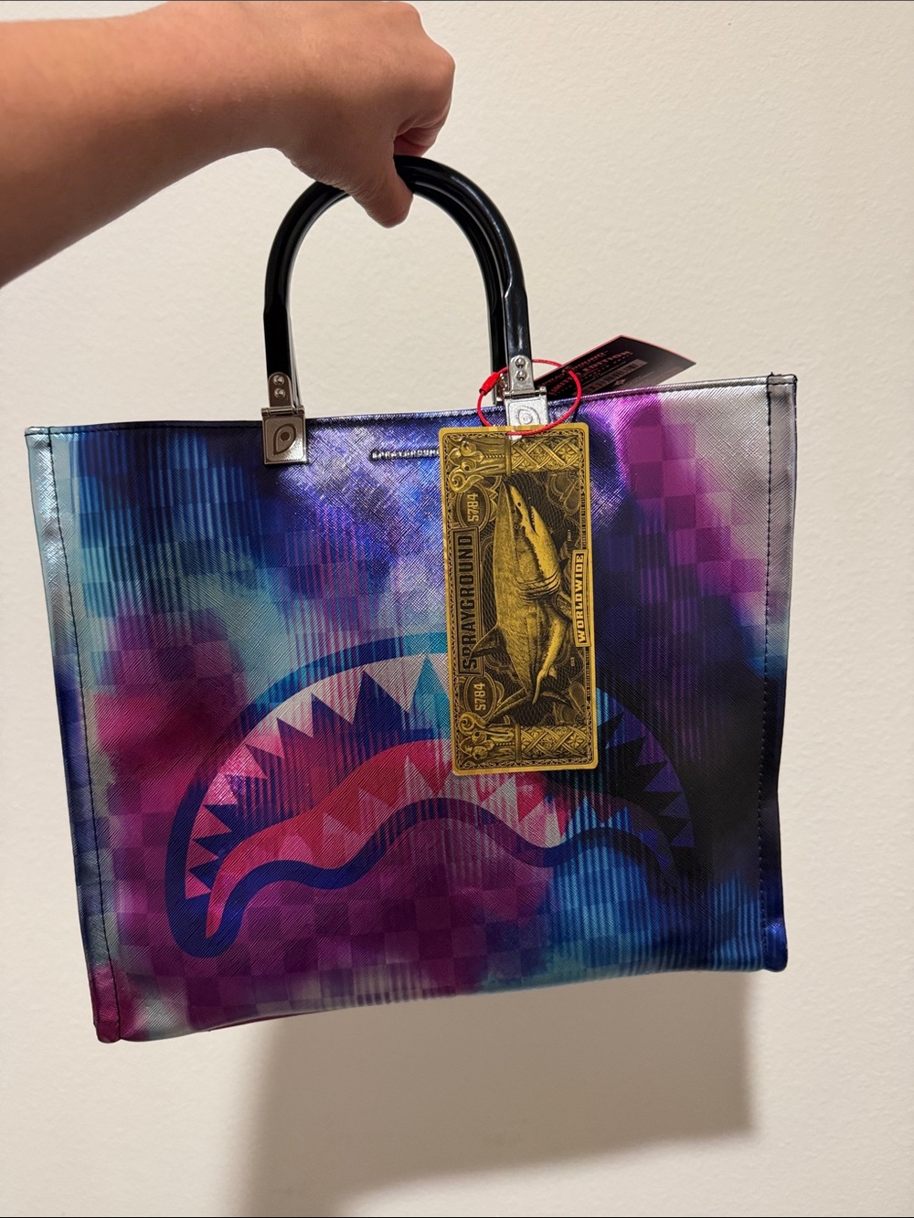 Sprayground Blue Purple Pink Shark Graphic Tote